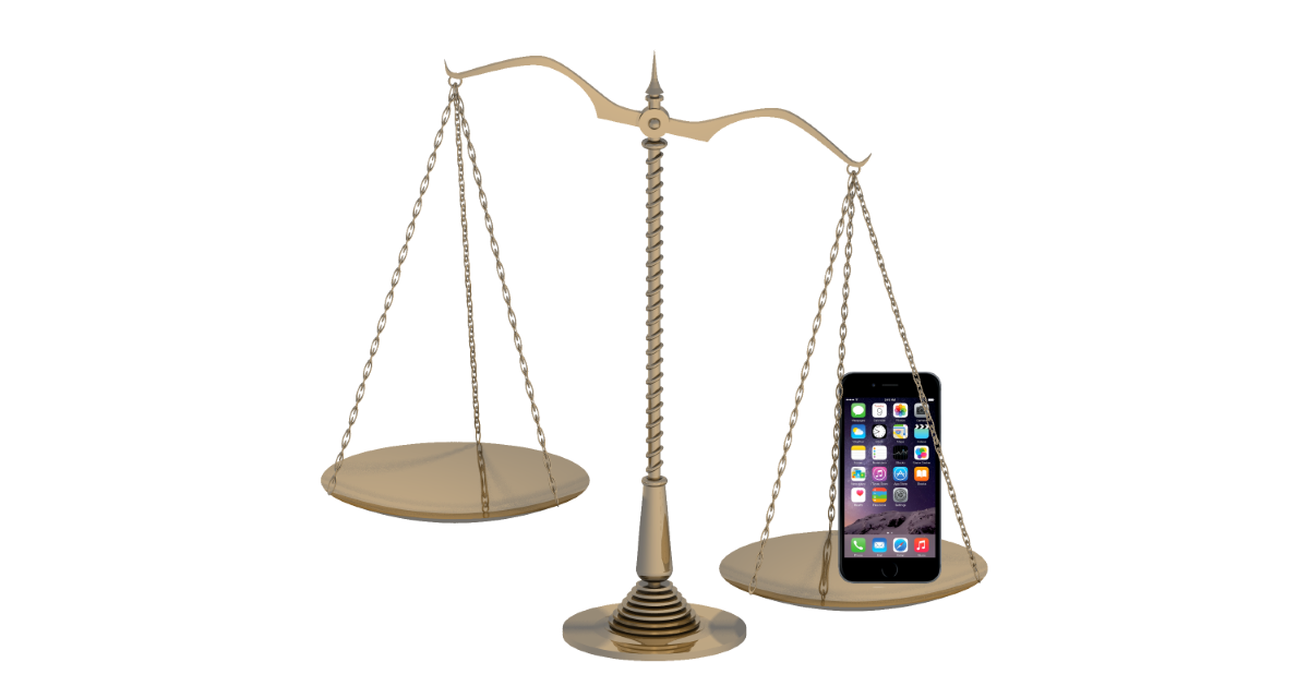 Scales of justice, with an iPhone on one side