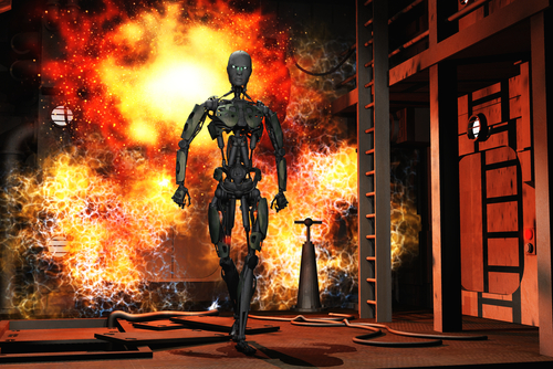 An image. An android walks away from an explosion.