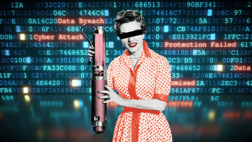 A woman with a censor bar over her eyes, wearing a 1950s style dress. She is holding something vaguely resembling a sex toy. In the background, words like data breach and cyber attack are highlighted among a sea of pseudo code.