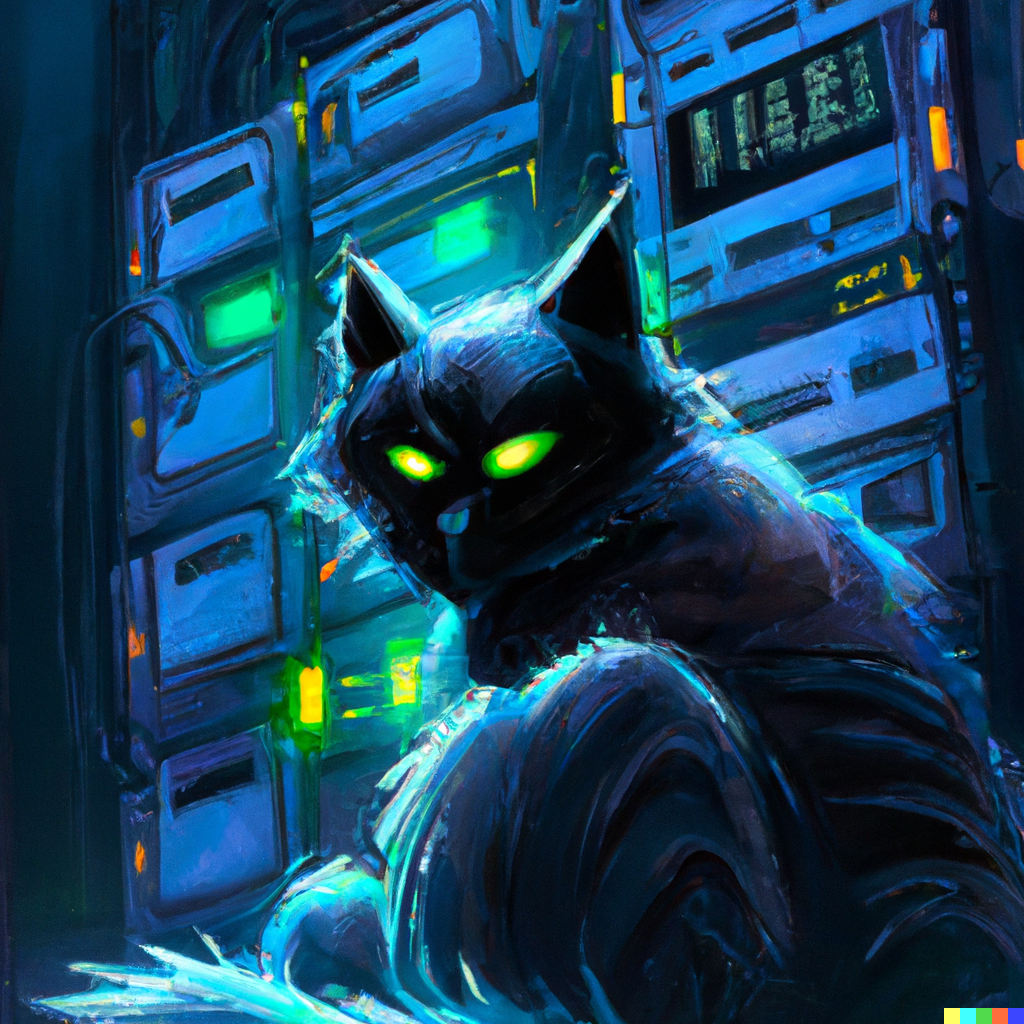 A cyberpunk painting of a black cat with glowing green eyes protecting a data center. The datacenter is bathed in blue with glowing neon green lights and terminal screens. You do not want to mess with this cat.