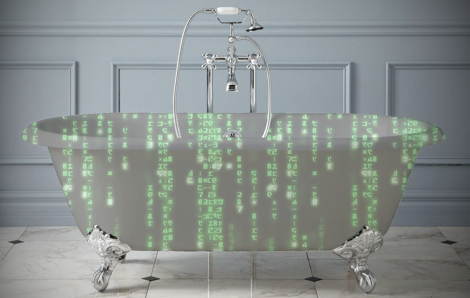 A tub covered in Matrix code