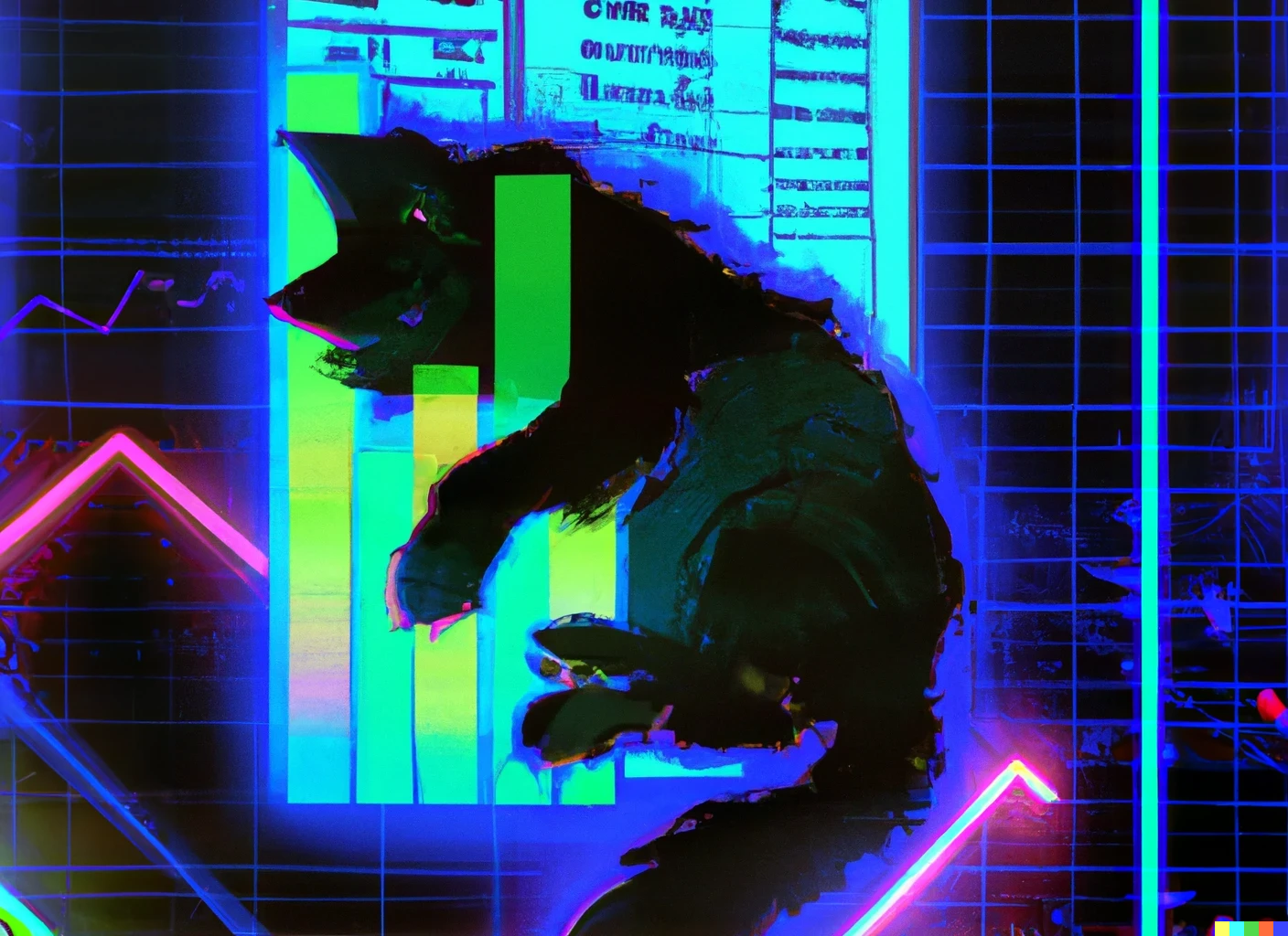 An AI-generated image of a black cat playing with a bar chart in the style of a cyberpunk painting. The bar chart is neon green and the overall effect is vibrant and electronic, like upbeat synthesized music.