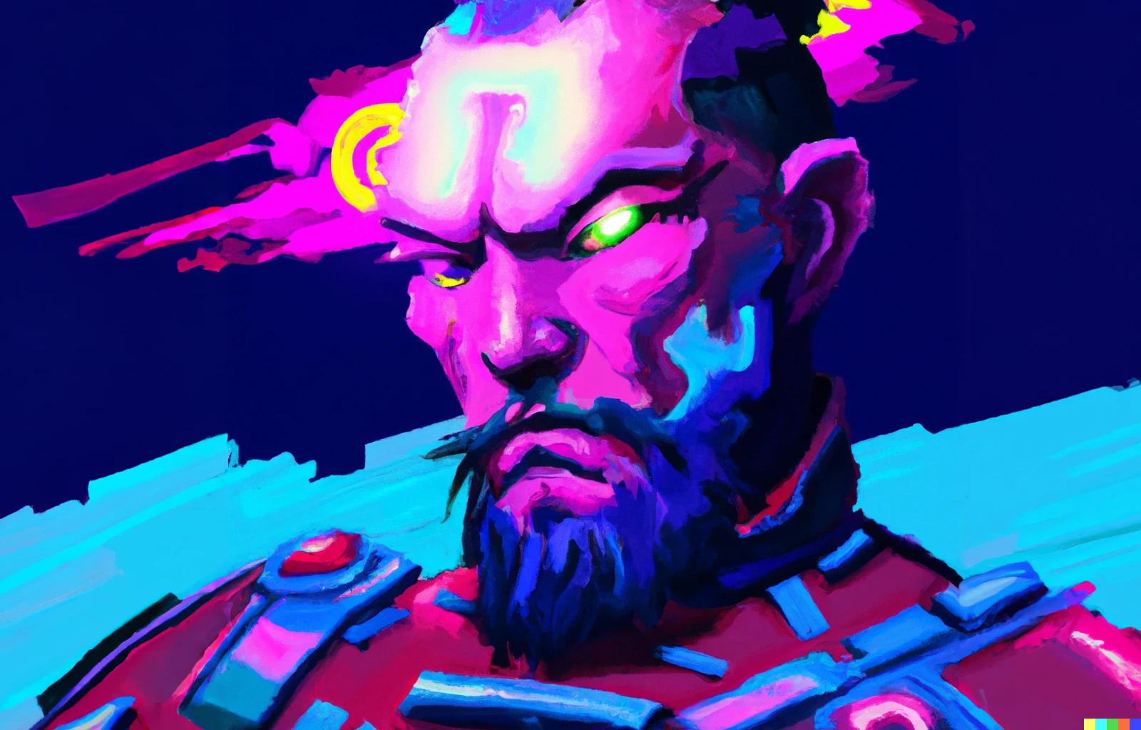 An AI-generated image of Sun Tzu in the style of a cyberpunk painting in bisexual lighting. His eyes are glowing neon green because his disappointment in the infosec industry is radioactive in intensity.