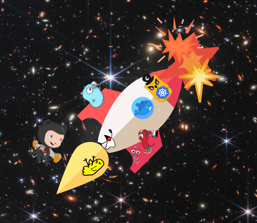 An image of a rocket exploding in space, filled with multitudes of galaxies. The rocket represents a deployment. The rocket is being piloted by Captain Kube with the Docker whale looking out the porthole. The Go gopher is running on one of the rocket wings. On the other wing, the BSD daemon is about to smash Clippy with a mallet. The Java mascot, known as Duke, is surfing on the end of the rocket. A dead canary lies within the rocket exhaust. The GitHub octocat is flying behind the exploding rocket with a jetpack. It is meant to look shitposty.