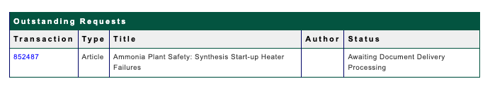 A screenshot of my Linda Hall Library transaction for the title “Ammonia Plant Safety: Synthesis Start-up Heater Failures.” The status reads: Awaiting Document Delivery Processing.