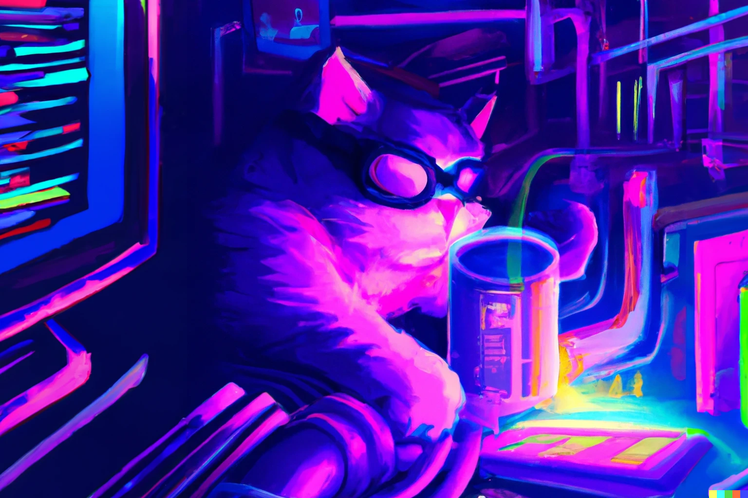 A cyberpunk painting of a cat with goggles tampering with a pipeline in a data center. Everything is bathed in neon in shades of electric pink, vivid purple, shocking cyan, and lime green. The hacker cat looks intent, one paw on the pipeline to ensure all the fluid bits are pilfered into its canister.