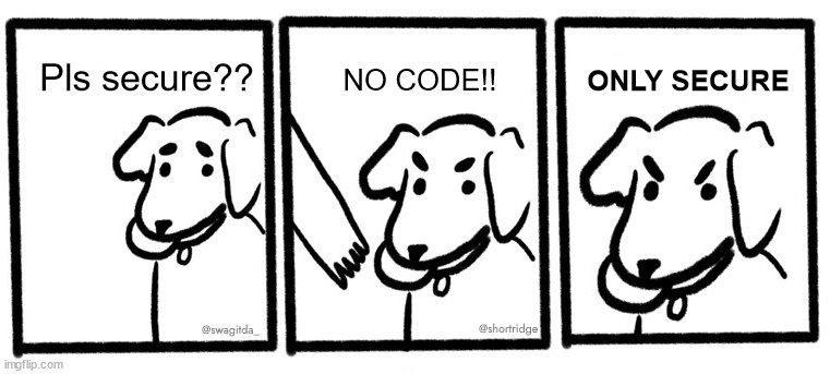 A variation of the no take, only throw meme. It is a three panel comic of a dog holding a frisbee. In the first panel, the dog has an earnest expression and asks, please secure? In the second panel, a human hand reaches out towards the frisbee; the dog is angered by this and exclaims, no code!! In the third panel, we zoom in on the dogs irate face as it says, in all caps, only secure.
