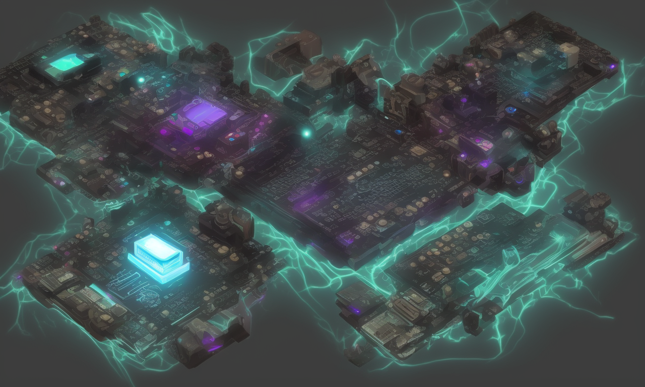 A render of a circuit board infused with magical energy glowing teal, cyan, and violet. It is floating in the ether, tendrils of mystical energy crackling around it. It looks possessed, or else imbued with spooky magic.