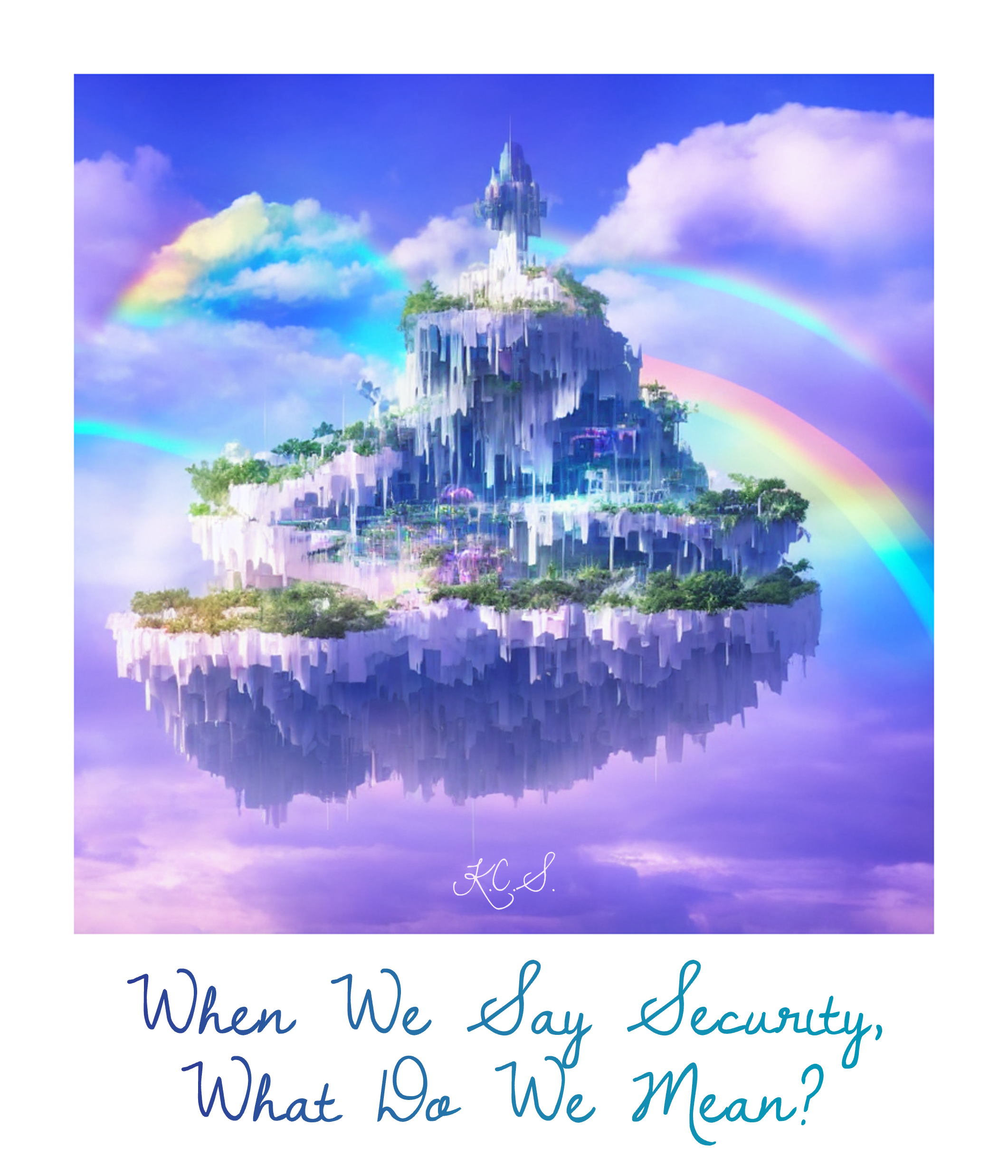 A faux polaroid picture with an AI-generated image signed by yours truly. It depicts an island floating in a sky filled with rainbow and pastel clouds in shades of periwinkle and violet. The island itself is a paradise, a blend of fantasy and cyberpunk aesthetics. Lush trees blanket its ledges while waterfalls cascade from each ledge, frozen in time and resembling a beautiful digital glitch. It is meant to reflect the utopia we might achieve with our systems &ndash; our own islands &ndash; if we embraced the original meanings of the word security.