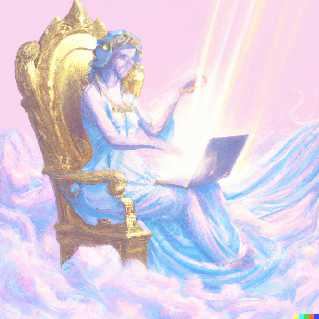 A marble goddess sits on a gilded throne in pastel clouds. She is cleansing a laptop which is beaming with iridescent light.