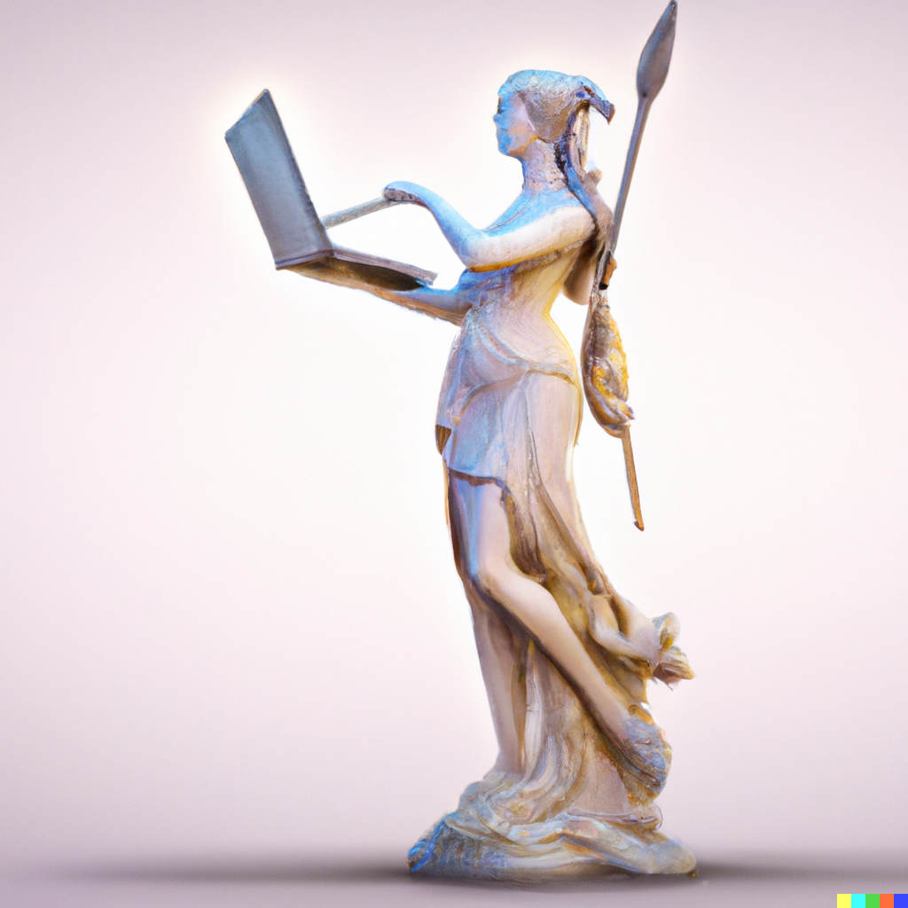 A marble statue of a goddess uses a laptop. She has a spear on her back and looks erudite and divine.