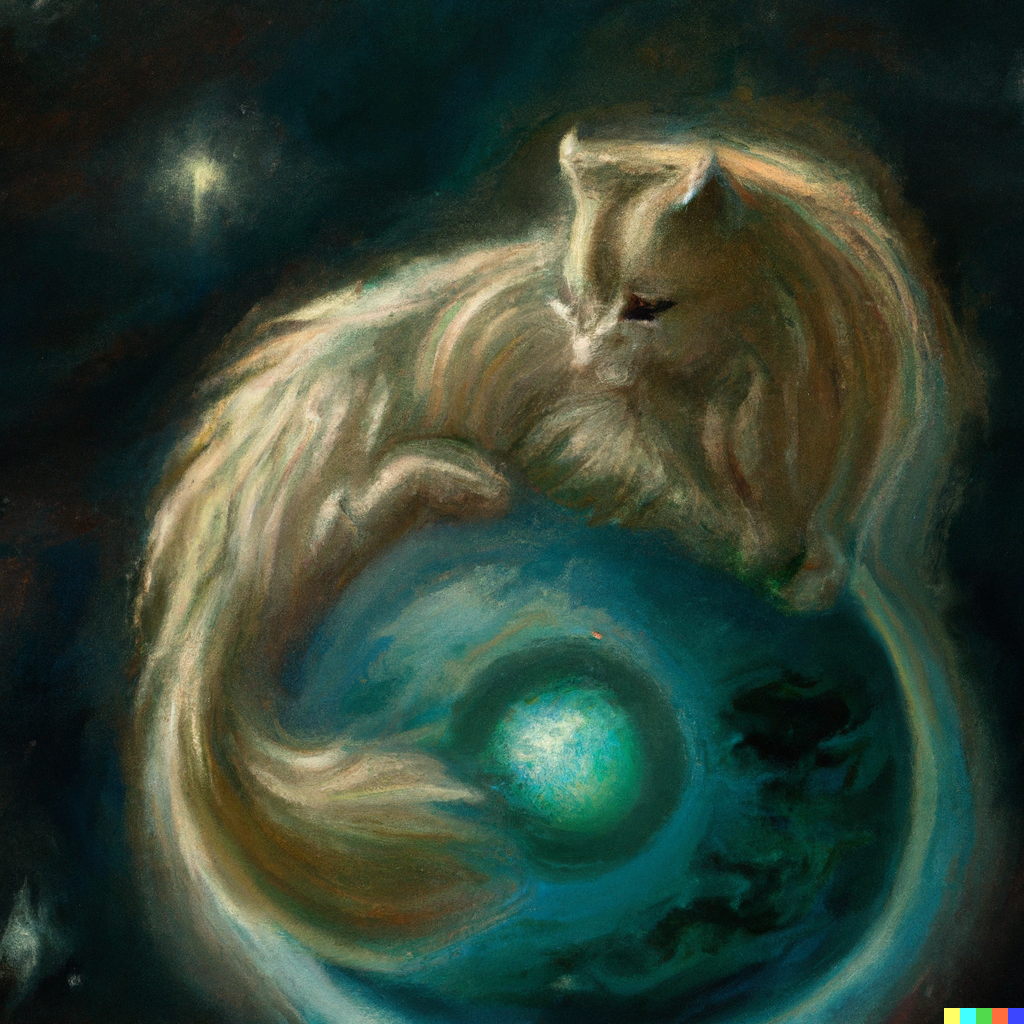 A magical cat curled upon a planet, protecting it.