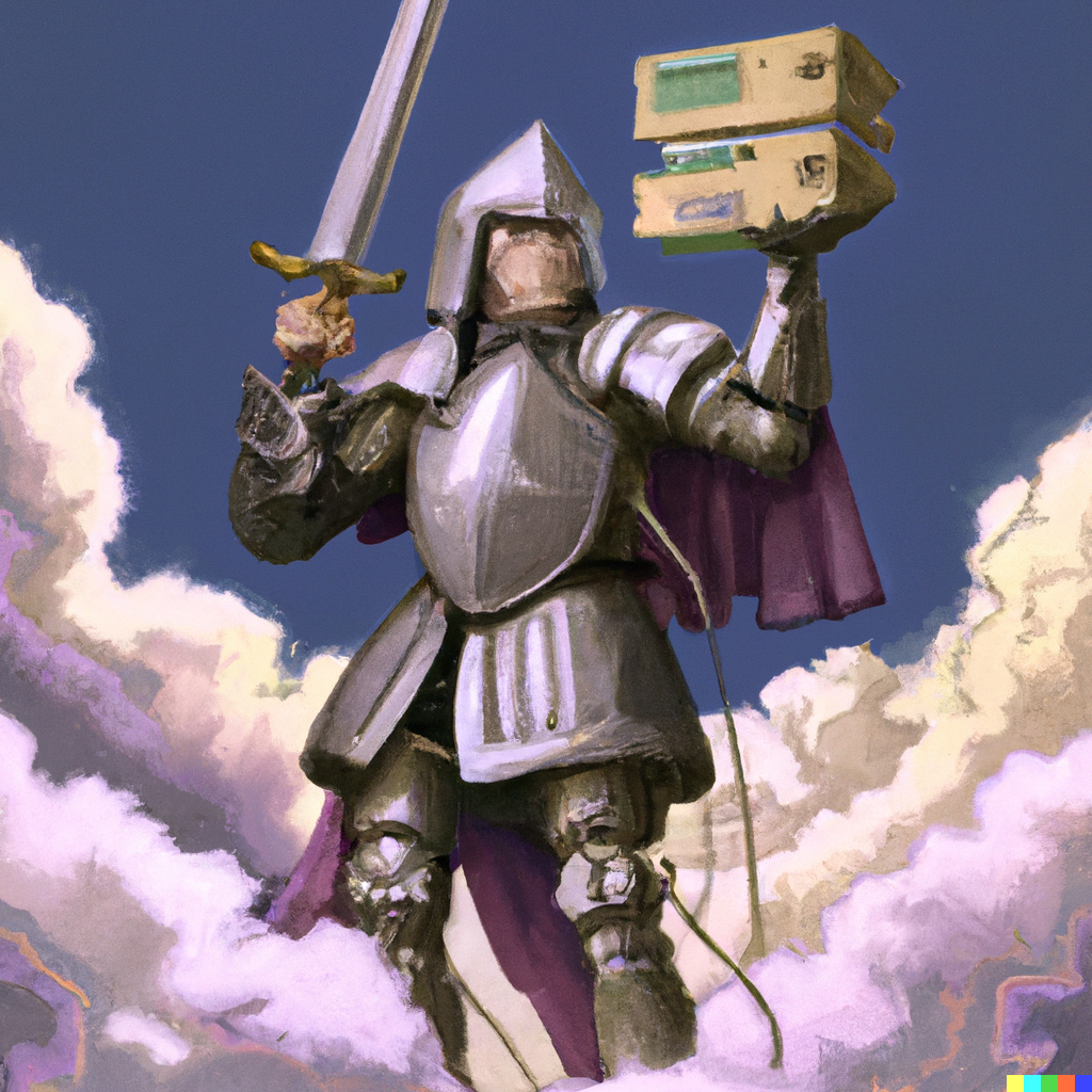 A painting of a knight in shining armor holding freshly conquered servers. He is standing in pastel clouds.