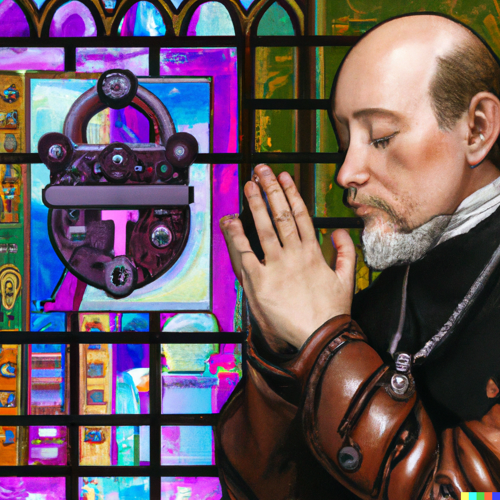 A painting of a classical priest praying to a stained glass painting depicting a fancy padlock.