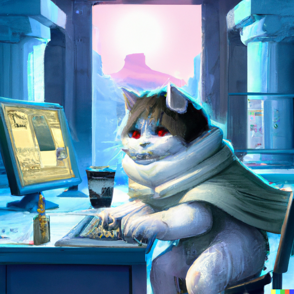 A painting of fluffy cat hacking a computer in ancient Greece.