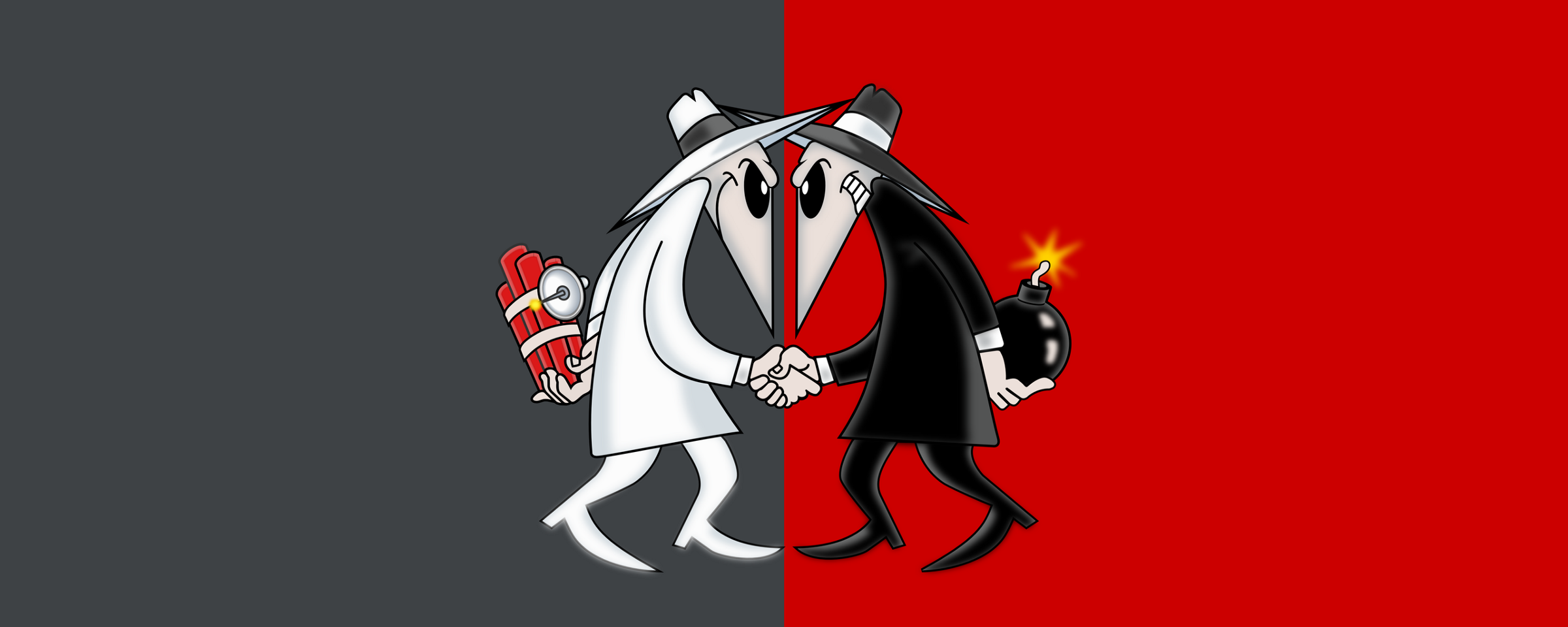 An image of the two spys from the comic “Spy vs. Spy” shaking hands